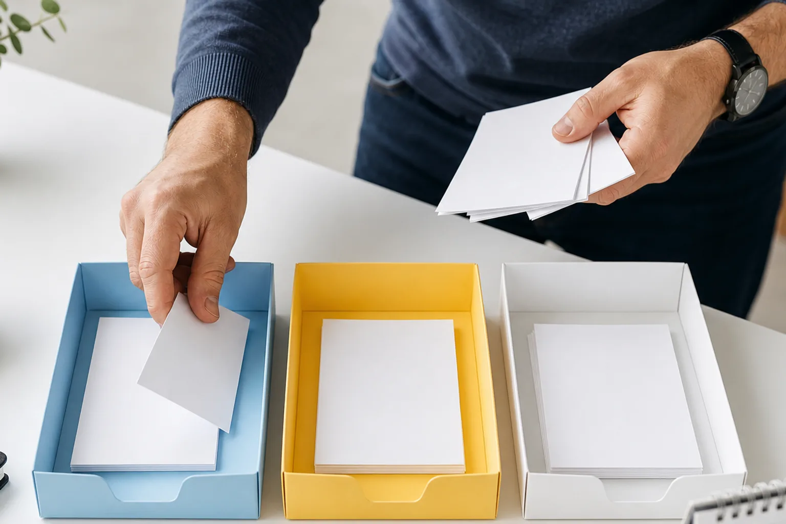 Drei leere Angebotsmappen mit Stift, Kalender und Taschenrechner auf einem Arbeitstisch